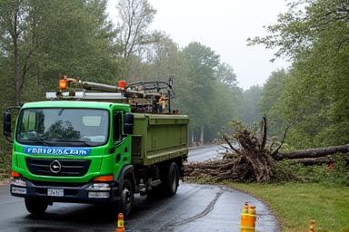 Abattage & Bois Services truck on site during an emergency tree removal after severe weather